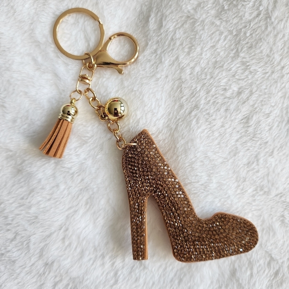 Gold Rhinestone High Heel Keychain Bag Charm
